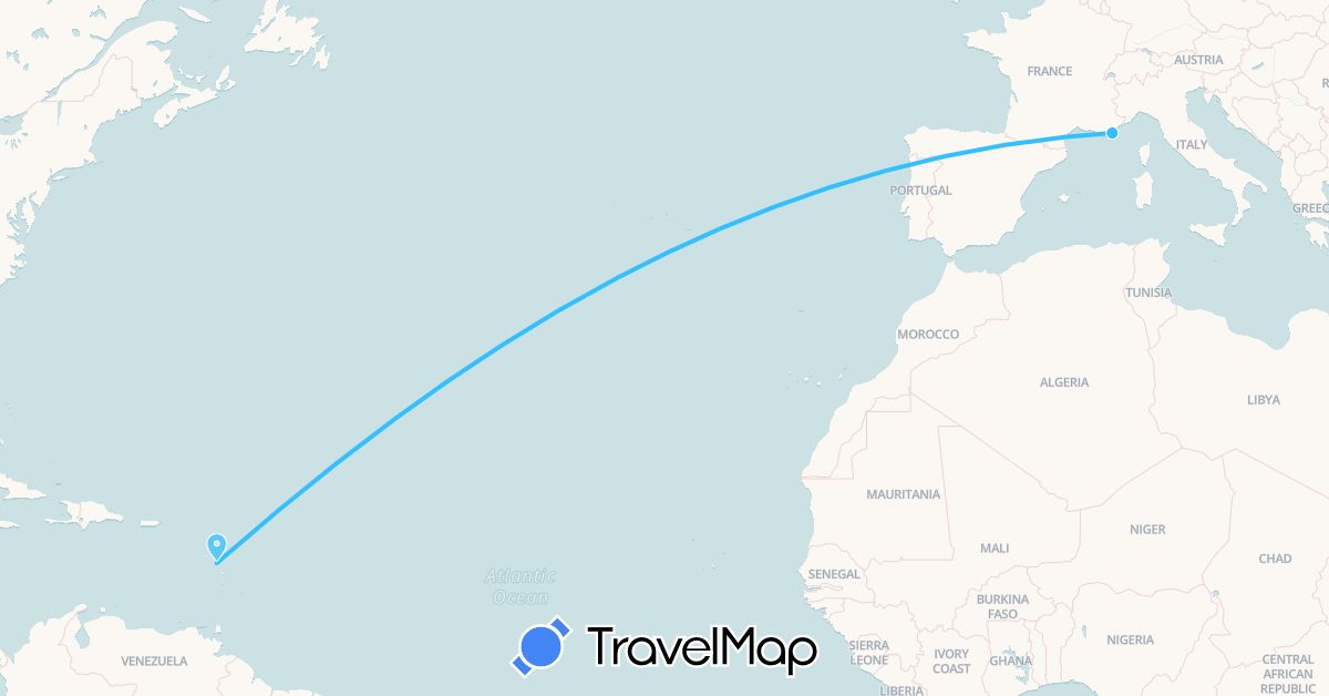 TravelMap itinerary: driving, boat in Dominica, France (Europe, North America)